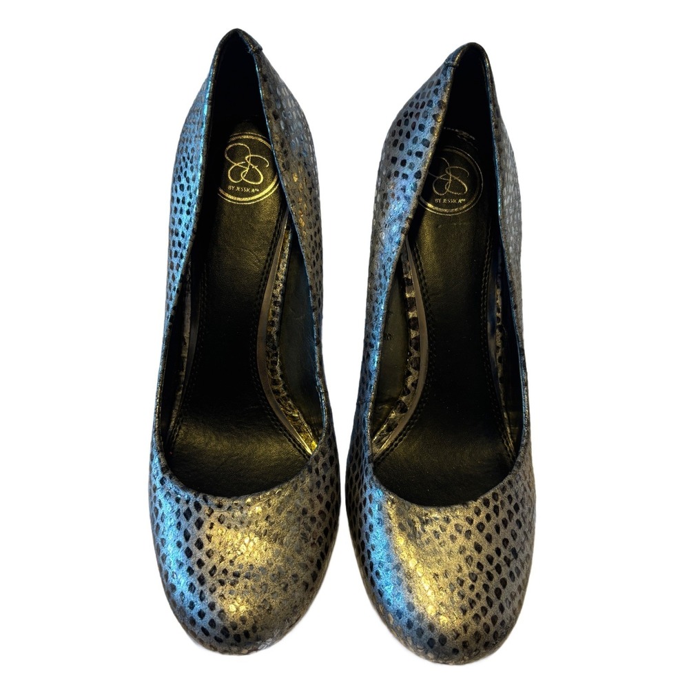 Jessica Simpson JS-Evangeline Silver Snakeskin Round almondToe Pumps Heels 8.5